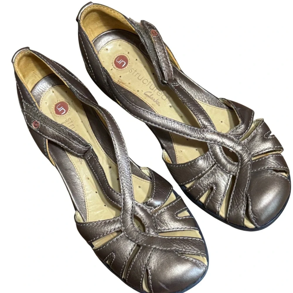 Clarks Unstructured Sandals Womens 9N Leather Metallic Bronz Strappy Wedge 86342